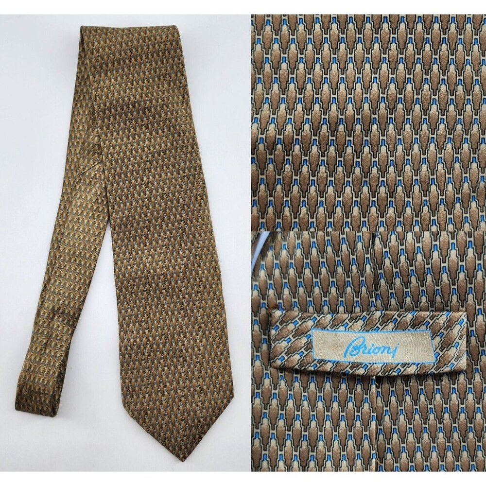 BRIONI Brown Luxury Designer Geometric Print 100% Silk Necktie Made in Italy
